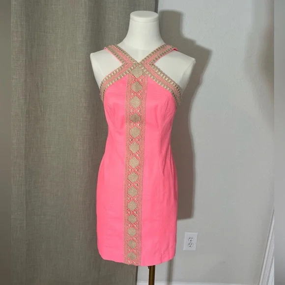 Women’s Preppy Lilly Pulitzer Ena Shift Dress Pink Size 00 Gold Embellishments - Picture 1 of 6
